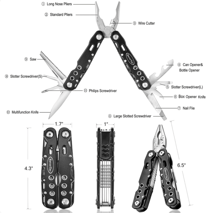 Foldable pliers with 15 tools - essential offroad instrument with 15 tools in 1 - open view with descriptions