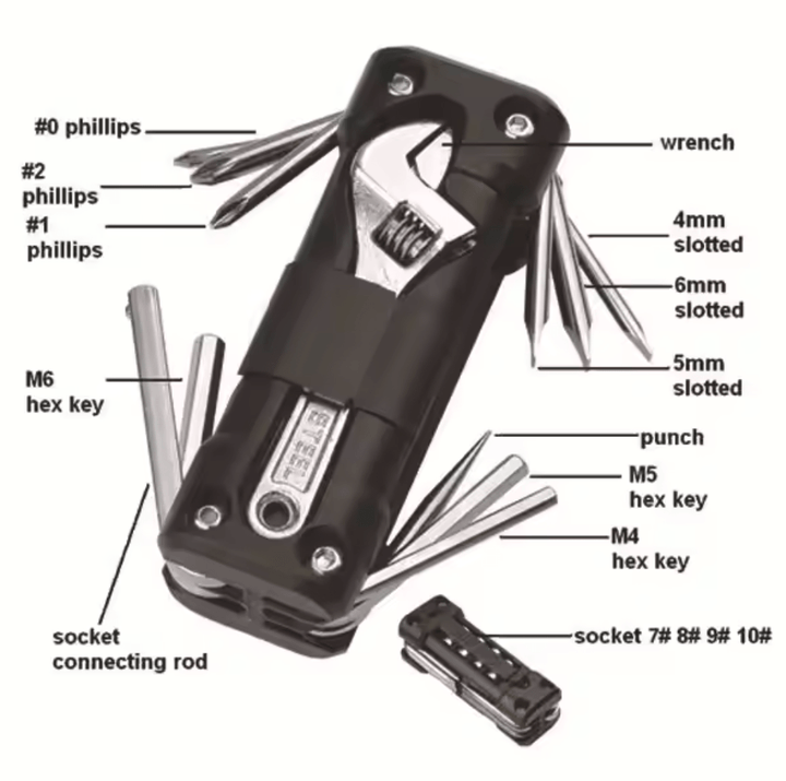 Rally Tools set 16 in 1 - front view rally equipment tool embedding 16 tools in 1