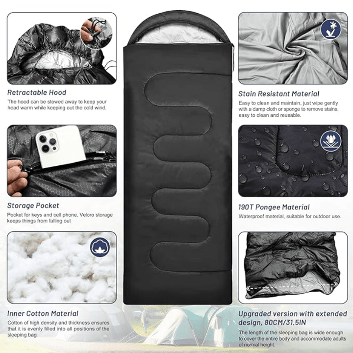 Sleeping Bag - best of performance offroad equipment  - opened view with characteristics description